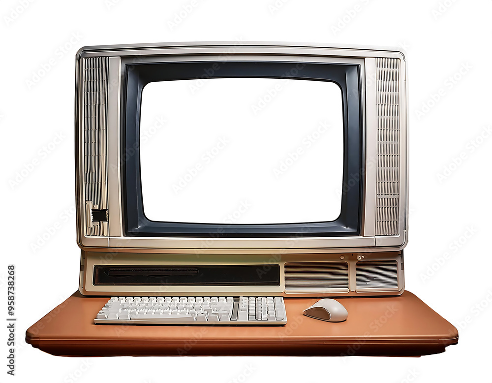 Poster vintage desktop computer with blank screen, isolated- a retro-style desktop computer, featu_1(259)