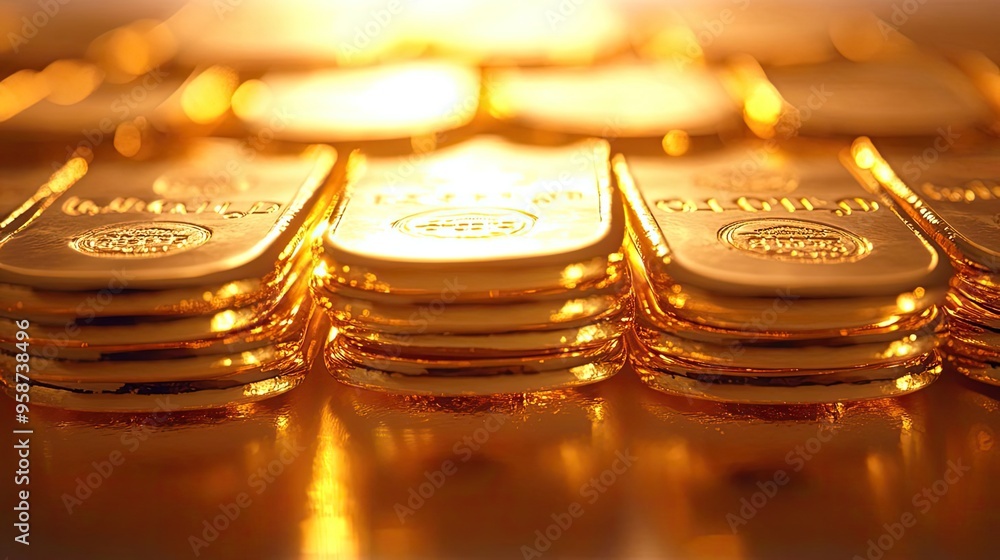 Poster close-up view of shiny gold bars stacked in an elegant arrangement, reflecting warm light and emphas