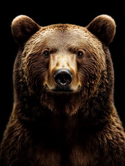 portrait of a brown bear front face on dark background