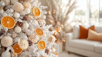 A close-up of a white Christmas tree decorated with dried orange slices, dry berries, cones, pampas grass, paper ornaments, and paper honeycombs in front of the sofa