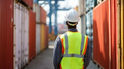 Obraz premium A worker wearing a hard hat and reflective vest inspecting a row of shipping containers at a busy port.