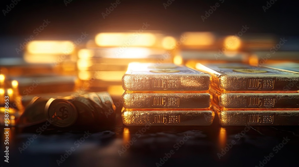 Poster stacks of shining gold bars illuminated by warm light, representing wealth and prosperity in a capti