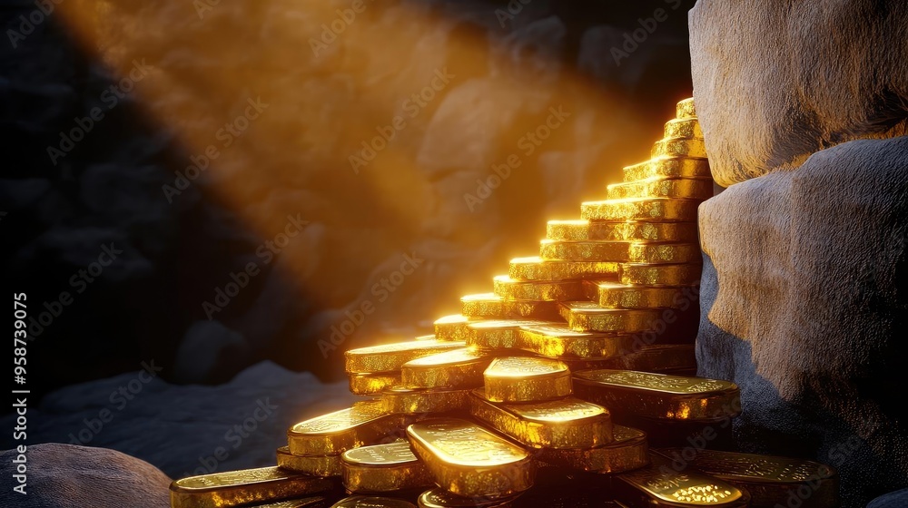 Poster a stunning pathway of golden coins illuminated by beams of light, inviting adventure and treasure ex