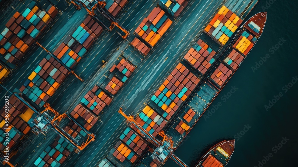 Poster aerial view of a busy shipping port filled with multicolored stacked shipping containers and cranes 