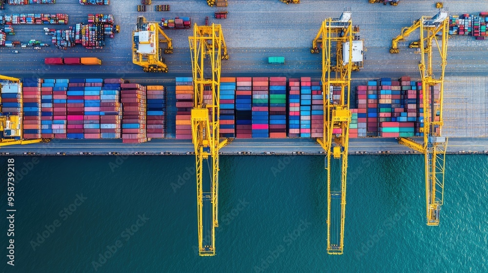 Poster aerial view of a busy shipping port filled with multicolored stacked shipping containers and cranes 