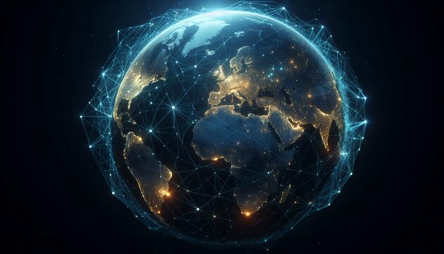 Blue digital network visualization around the globe, showcasing interconnected points and glowing lines to represent global communication technology.