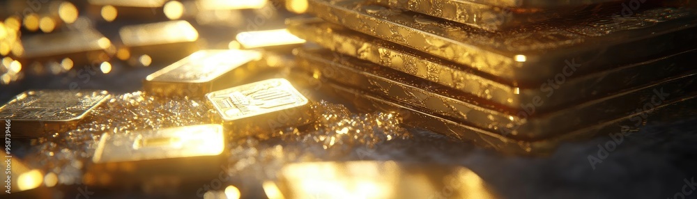 Poster a close-up view of gleaming gold bars reflecting light, symbolizing wealth and prosperity in finance