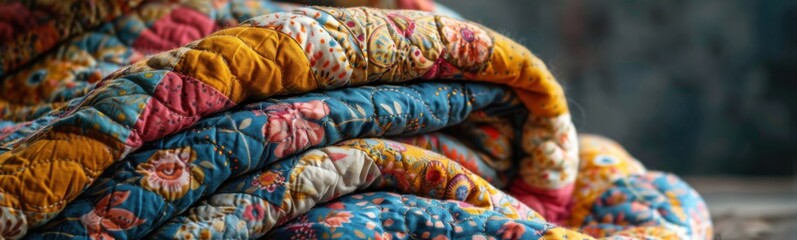 Fototapeta premium Brightly colored quilts stacked on top of each other, banner, copy space