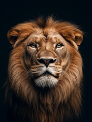 Naklejka premium portrait of a lion front face on dark background