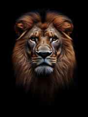 portrait of a lion front face on dark background
