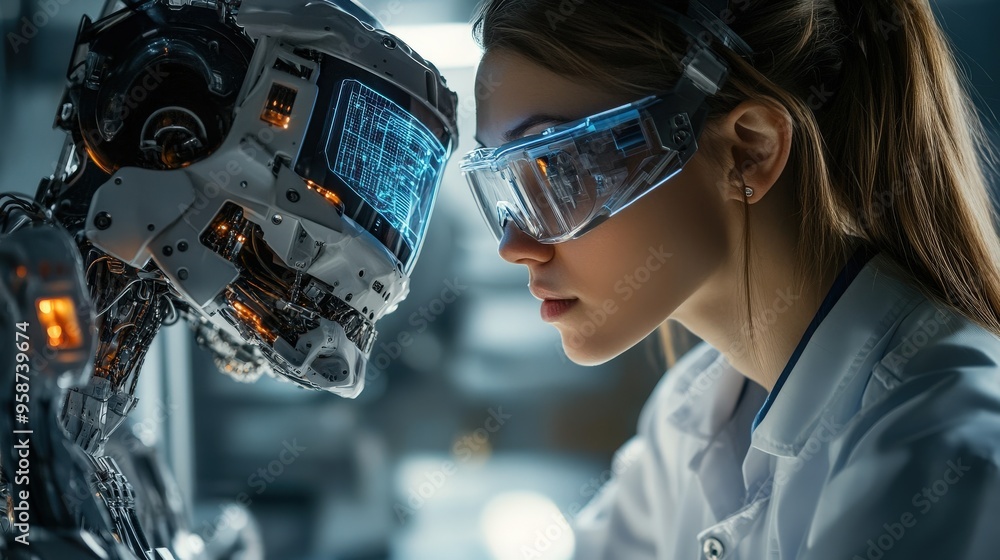 Poster an engineer focuses intently on a robotic system in a modern lab, examining its intricate components