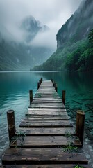 Wooden pier stretching out into a tranquil mountain lake with mist.