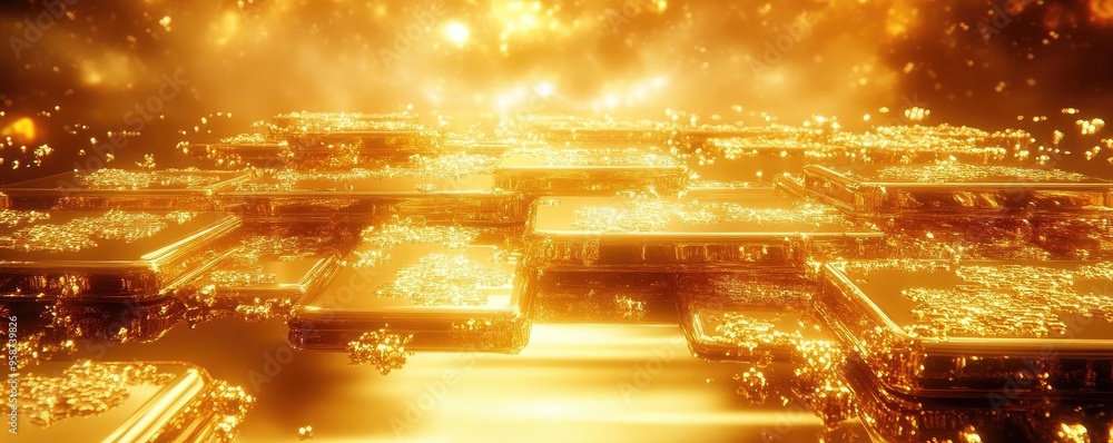 Poster a stunning display of shining gold bars illuminated with a warm golden light, creating a mesmerizing