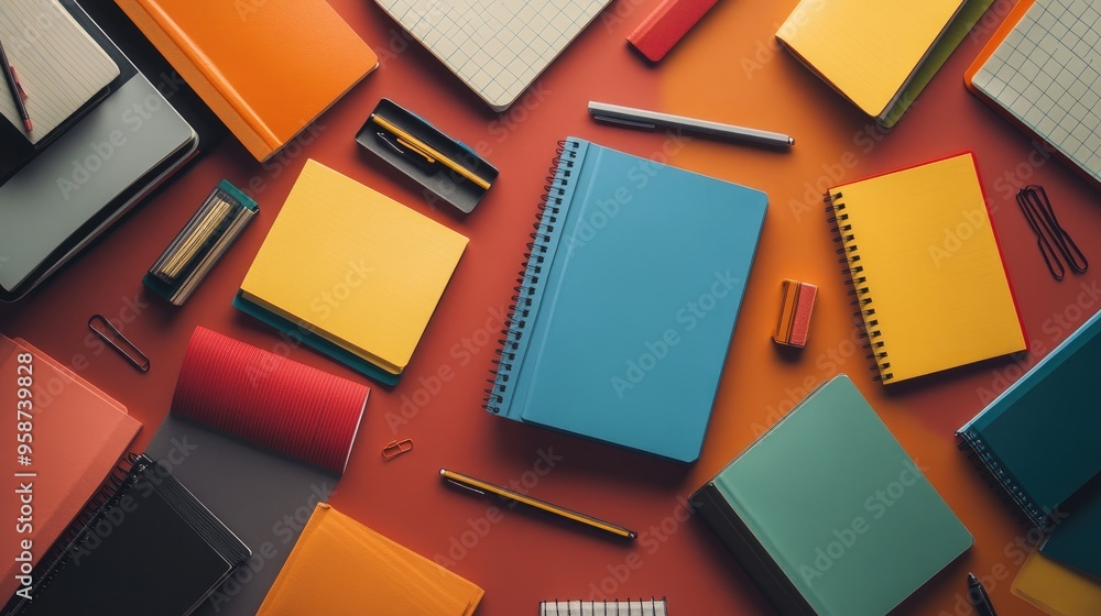 Poster an artistic arrangement of multicolored notebooks with open pages, displaying sketches, notes, or do
