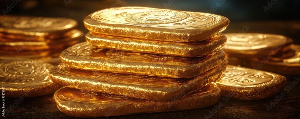 Poster a stack of shimmering gold bars, symbolizing wealth and prosperity, beautifully illuminated to highl