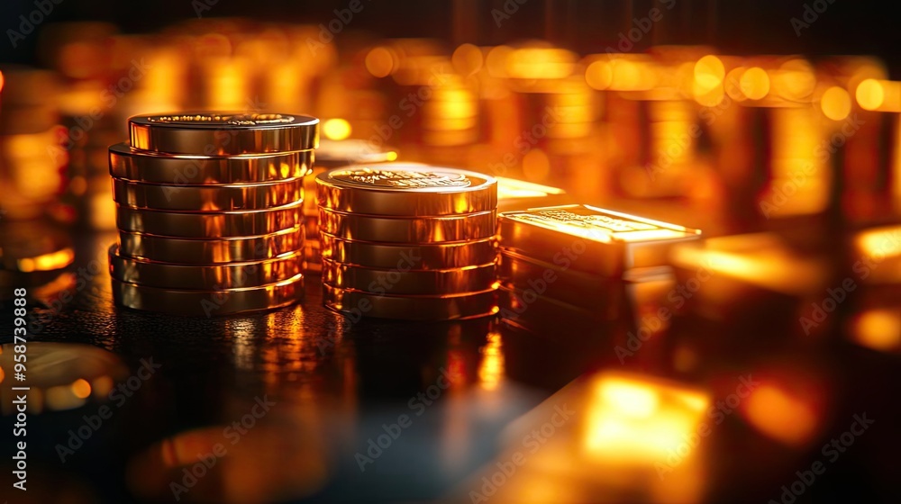 Poster close-up of shining gold coins stacked on a reflective surface, creating a warm and luxurious atmosp