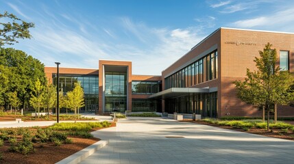 An architectural shot of a modern building with a brick exterior, featuring clean lines and sleek design elements.
