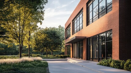 An architectural shot of a modern building with a brick exterior, featuring clean lines and sleek design elements.