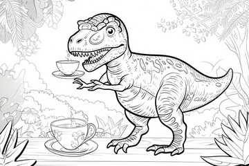 Naklejka premium A playful dinosaur, T-Rex, delicately serves tea while surrounded by lush greenery, in a fun and whimsical illustration.