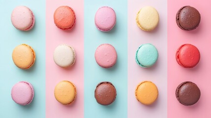 Obraz premium An artistic layout of macarons in different flavors and colors, set against a pastel-colored backdrop for a dreamy effect