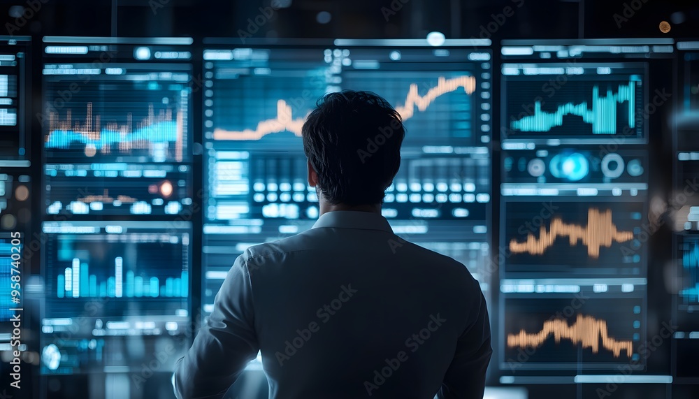 Poster a man looking at data on multiple monitors