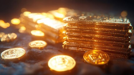 Glittering gold coins and bars creating a captivating scene of wealth and luxury, perfect for financial or investment themes.