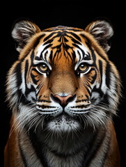Fototapeta premium portrait of a bengal tiger front face on dark background