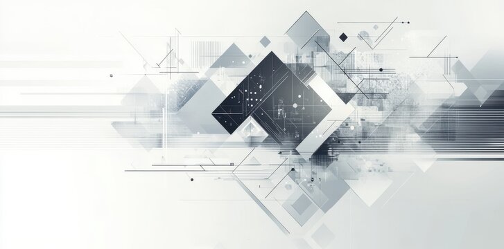 Abstract white background with geometric shapes and squares in gray shades, creating an elegant circular design for a technology or business concept banner.