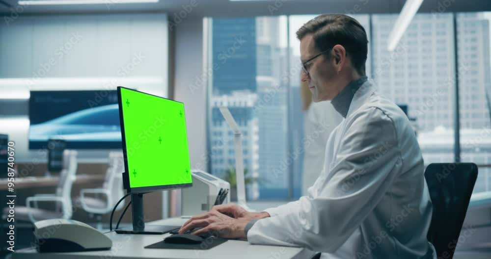 Poster male scientist in a white lab coat works on a green screen computer in a modern medical lab, focusin
