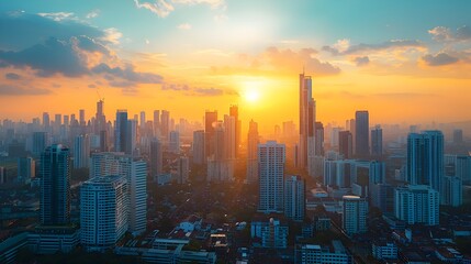 Fototapeta premium Magnificent Skyline of Vibrant City During Magical Golden Hour with Mix of Old and New High Rise Buildings