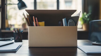 An open cardboard box filled with office supplies, set on a desk, representing packing up for a move