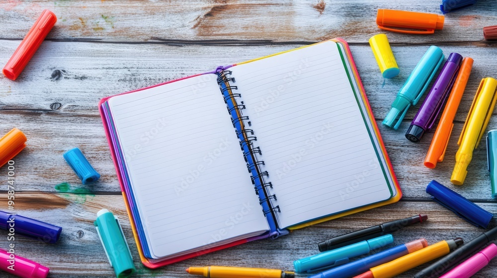 Poster an open multicolored notebook with a variety of pens and markers scattered around, ready for creativ