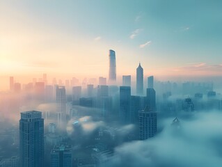 Fototapeta premium Mysterious Urban Skyline Shrouded in Misty Morning Fog Towering Skyscrapers in the Hazy City Landscape