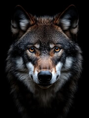 Fototapeta premium portrait of a wolf front face on dark background