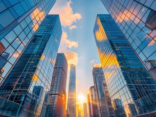 Captivating Cityscape of Towering Glass Skyscrapers Mirroring Vibrant Sunset Sky and Clouds