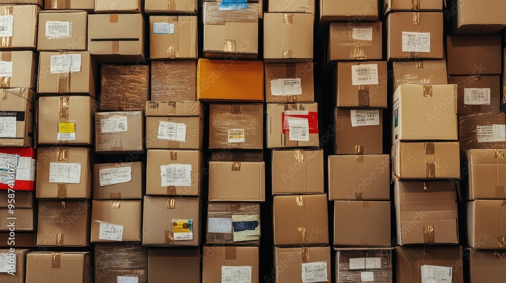 Poster cardboard boxes stacked vertically with different shipping labels, illustrating diversity in product