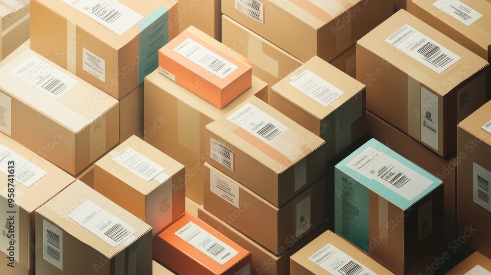 Poster cardboard boxes stacked vertically with different shipping labels, illustrating diversity in product