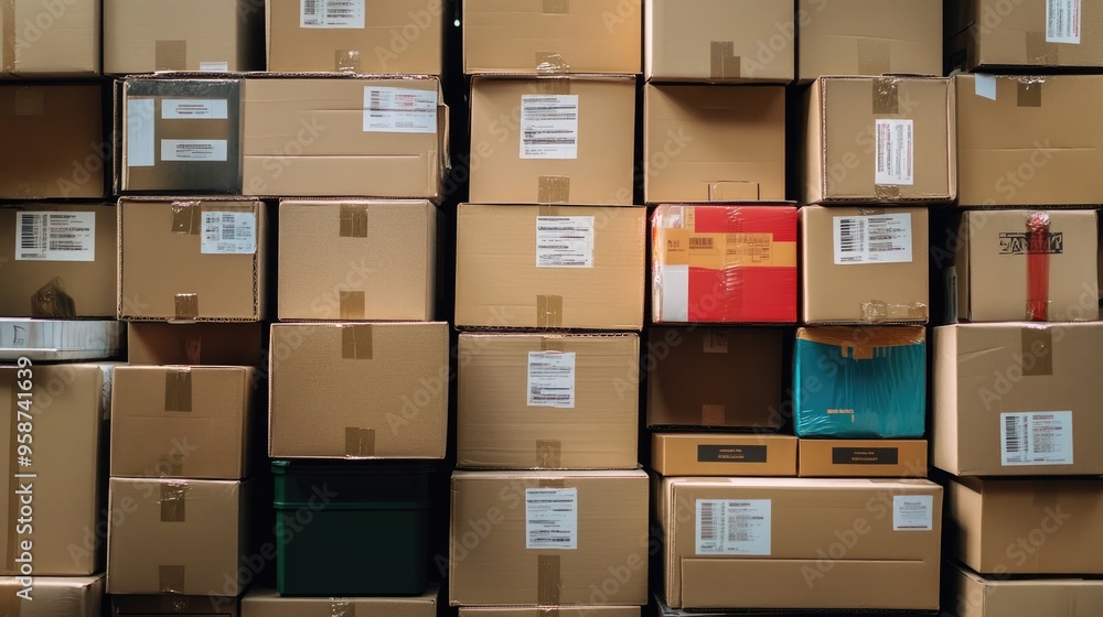 Poster cardboard boxes stacked vertically with different shipping labels, illustrating diversity in product