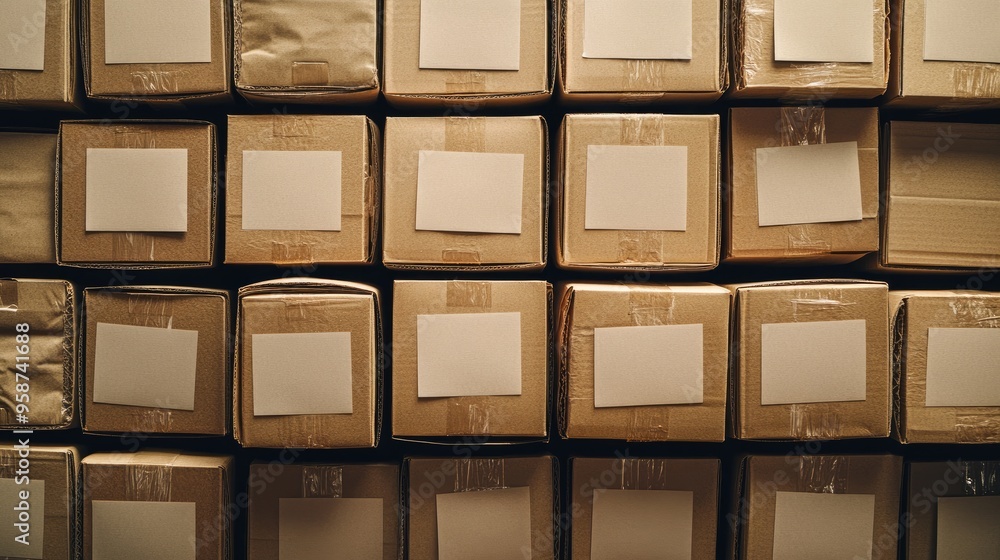 Poster cardboard boxes with blank labels arranged in a neat stack, ready for inventory or storage purposes.