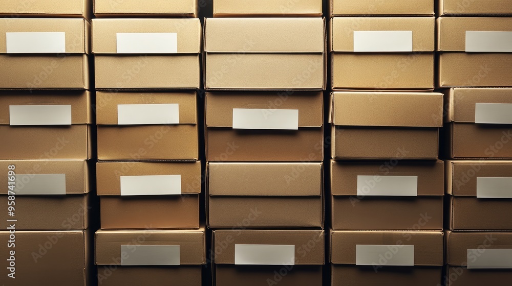 Poster cardboard boxes with blank labels arranged in a neat stack, ready for inventory or storage purposes.