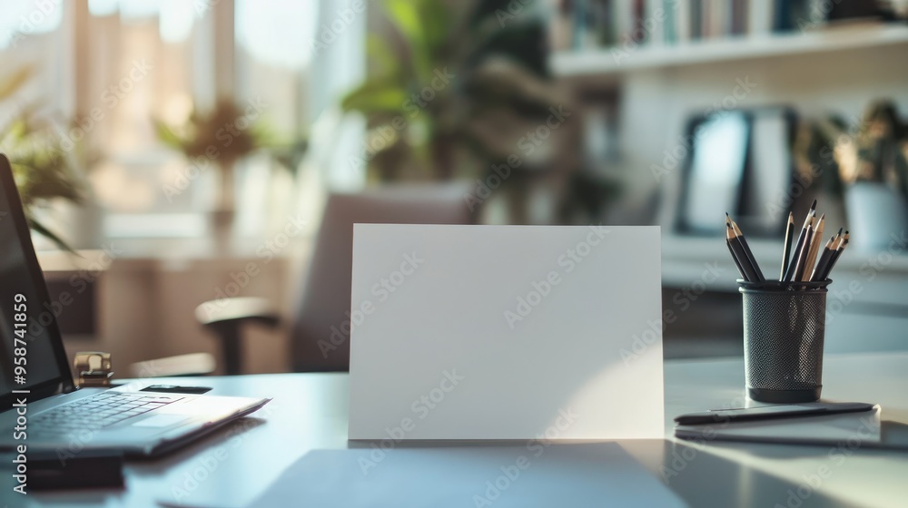 Poster close-up of a blank sheet of paper on a clean, modern workspace, with a subtle texture visible under