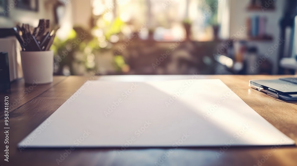 Poster close-up of a blank sheet of paper on a clean, modern workspace, with a subtle texture visible under
