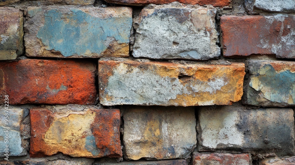 Poster close-up of a rustic brick wall with varied textures and colors, showcasing the unique patterns and 