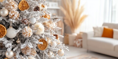 A close-up of a white Christmas tree decorated with dried orange slices, dry berries, cones, pampas grass, paper ornaments, and paper honeycombs in front of the sofa