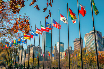 United Nations Headquarters with Flags of Member Countries on United Nations Day Celebrating International Unity