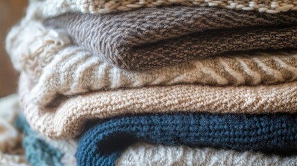 Close-up of a stack of folded blankets in various textures and colors, conveying warmth and coziness.