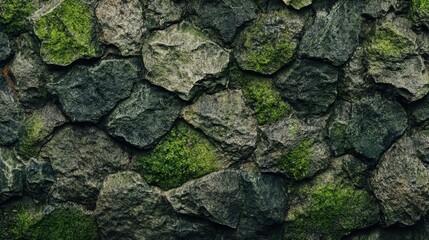 Mossy green stone wall texture, with natural cracks and crevices, suitable for fantasy or rustic-style backgrounds