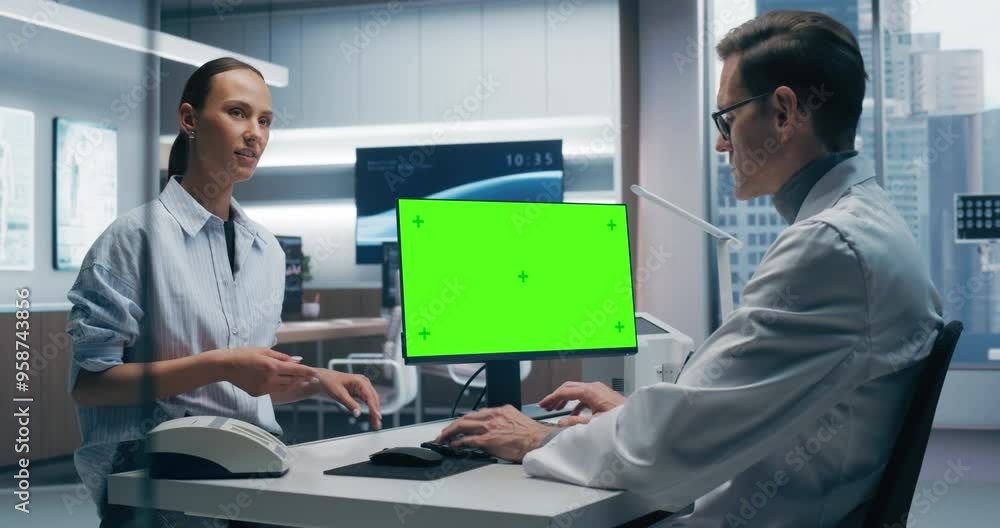 Poster female patient consults with a male doctor in a modern medical lab, discussing health data displayed