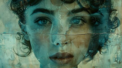 A woman's face, framed by textured abstract art, appears to be peering through a window.