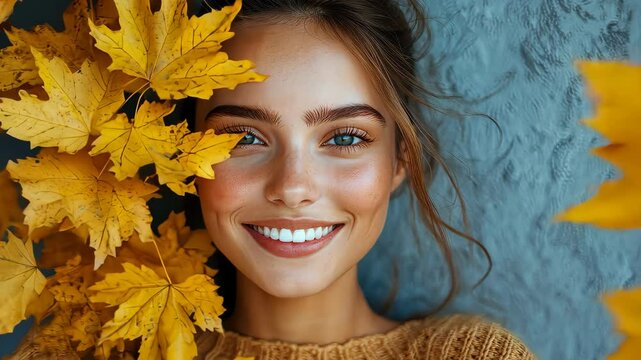 Model smiling with autumn leaves changing position